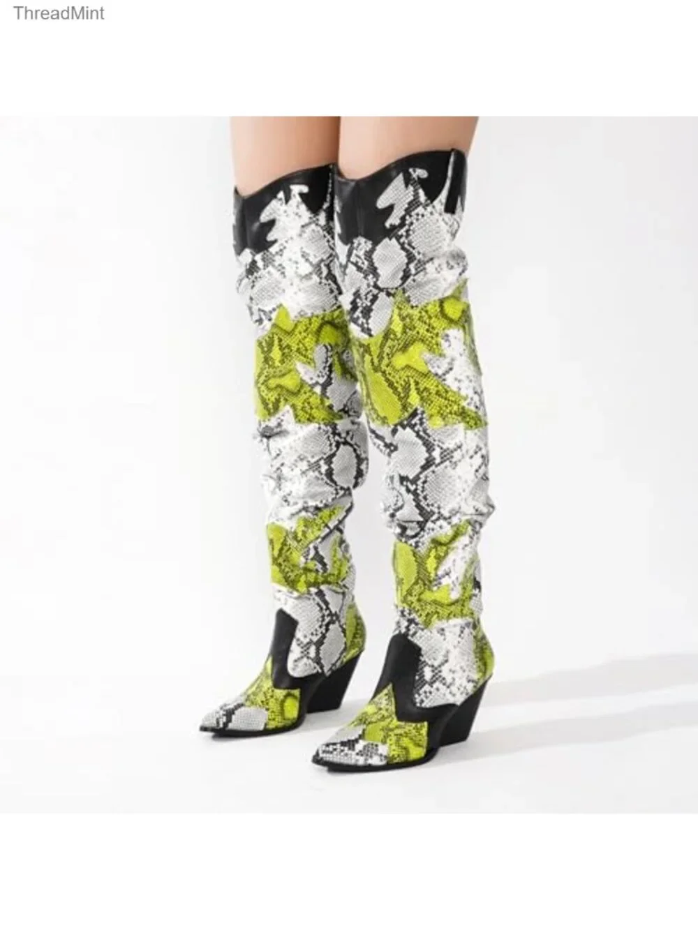 Faux Snakeskin Thigh High Cowboy Boots Chunky Heel Over Knee Western Booties